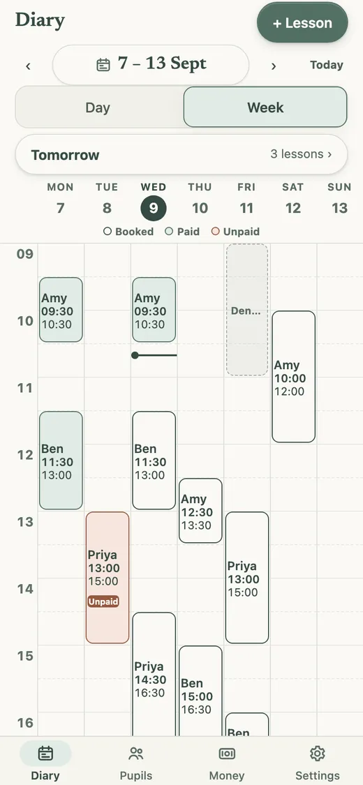 Booking a lesson in the Bitepoint week view