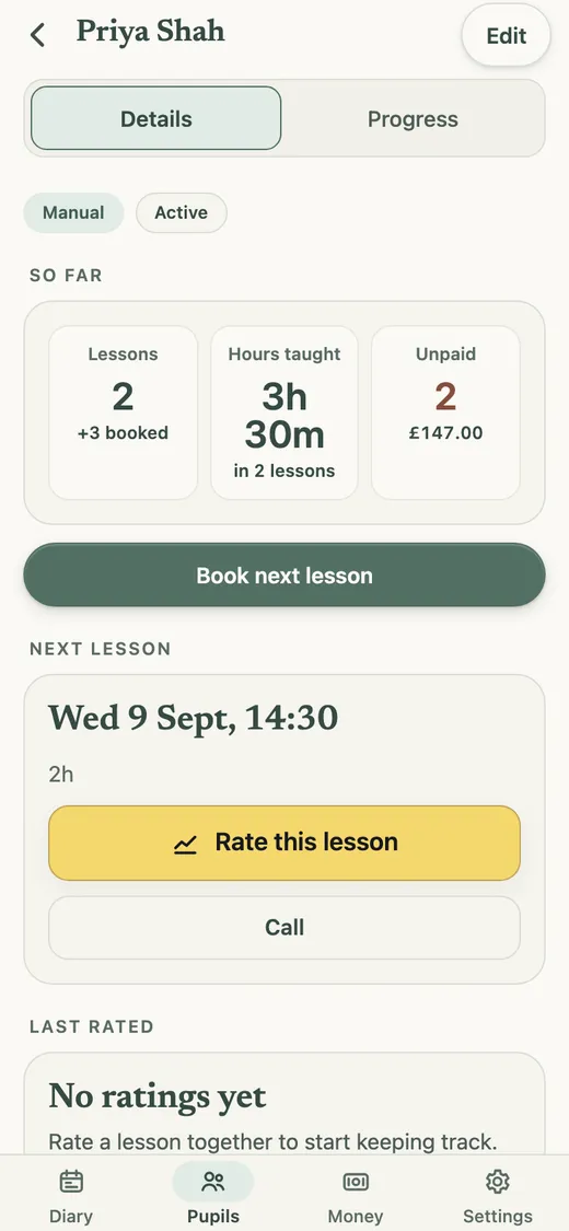 A pupil card in Bitepoint showing two unpaid lessons and what is still to be paid