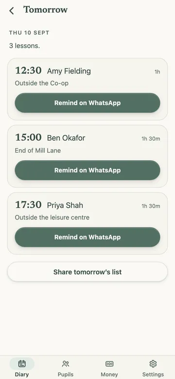 Bitepoint Tomorrow screen with a Remind on WhatsApp button